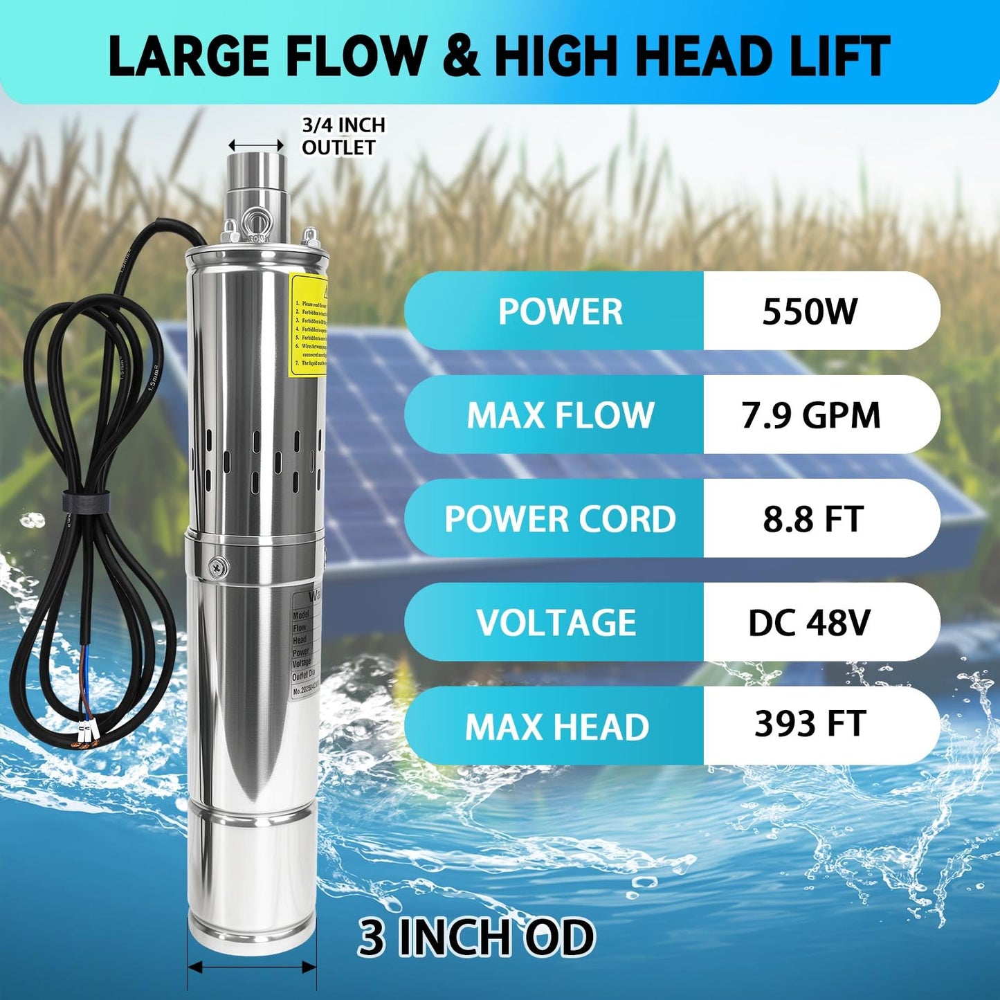 500W DC 48V 3" Solar Deep Well Pump Complete Kit - with MPPT Controller, 8.8FT Cable - Stainless Steel Submersible Pump - Max head 393FT, 7.9GPM Flow, 1" Outlet for Industrial Irrigation Water Tank