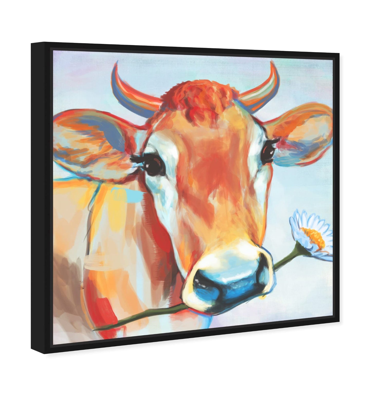 Country Farmhouse Canvas Print Painting Animal Wall Art 'Happy Cow with Flower' Black Framed Canvas Rustic Home Décor 40x40 in Orange, Brown by Oliver Gal