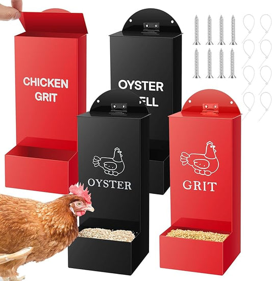Leinuosen 4 Pack Metal Chicken Oyster Shell and Grit Feeder with Lid Rainproof Hanging Chicken Feeder Trough Automatic Gravity Poultry Coop Accessories Water Dispenser for Chicks, Ducks, Quail