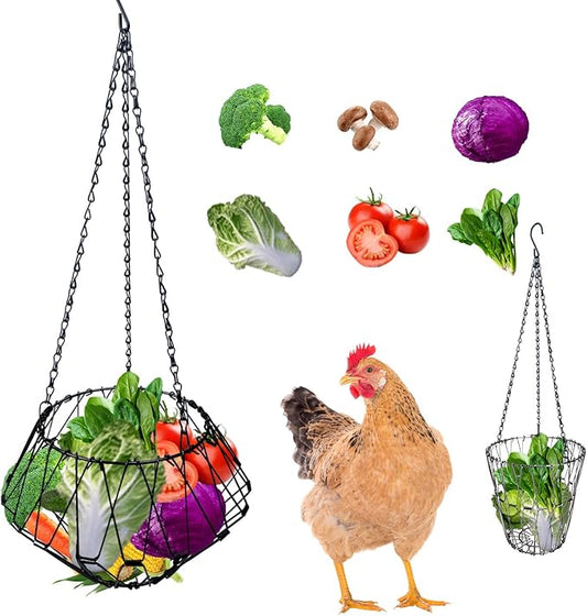 Hanging Chicken Feeder Accessories, Coop Must Haves -Foldable 6.5Inch Large Poultry Vegetable Fruits Chicken Treat Dispenser with 3pcs Hanging Chain,Chicken Toys for coop (Chicken Feeder 1 Pack)