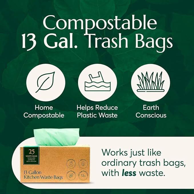 Cleanomic Compostable* 13 Gallon Trash Bags with Drawstring (2 Pack, 50 Count), BPI Certified For Kitchen Compost