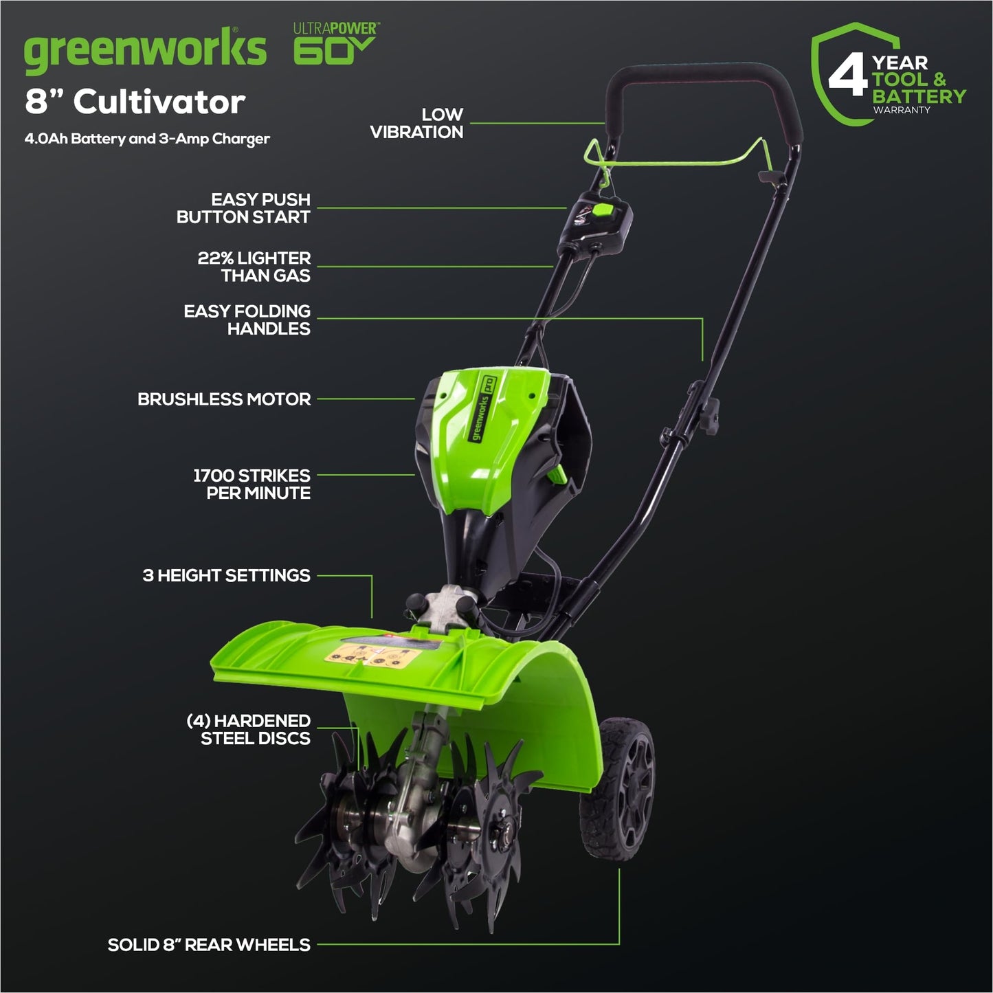 Greenworks 60V 8" Cordless Cultivator/Tiller + 4.0Ah Battery and Charger