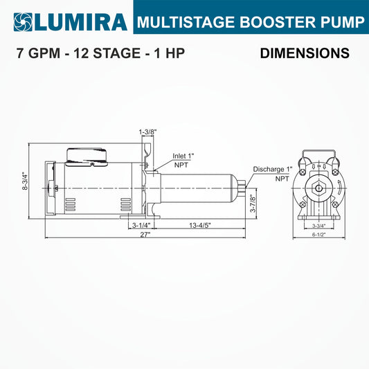 LUMIRA Multi stage booster pump - 7 GPM,12 STAGE, 1 hp, 115/230 Volts, 1 phase, 1" FNPT connections