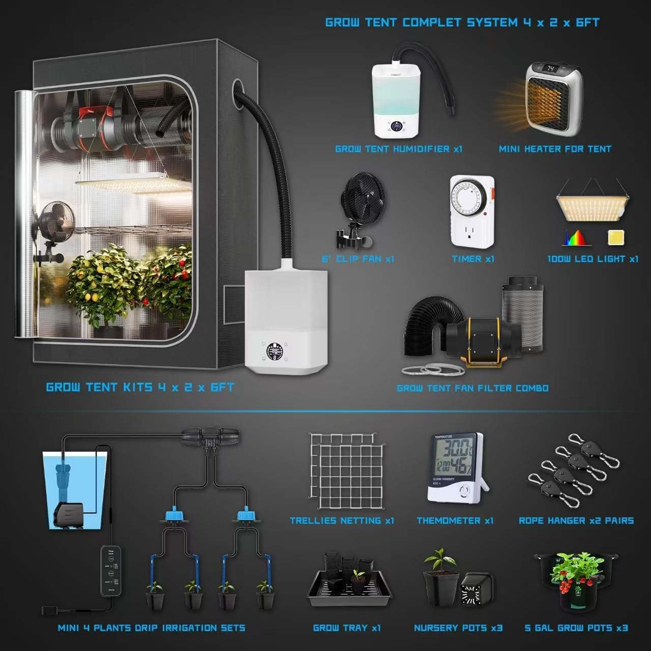 Supergrower 4X2X6FT Height Extra Grow Tent Kits Complete for Indoor Plants,Include Almost Everything for Indoor Plants Growing (LED Light+Tent+ 4" Vent Sets+Grow Tent Humdifier+Heater+Clip Fans)