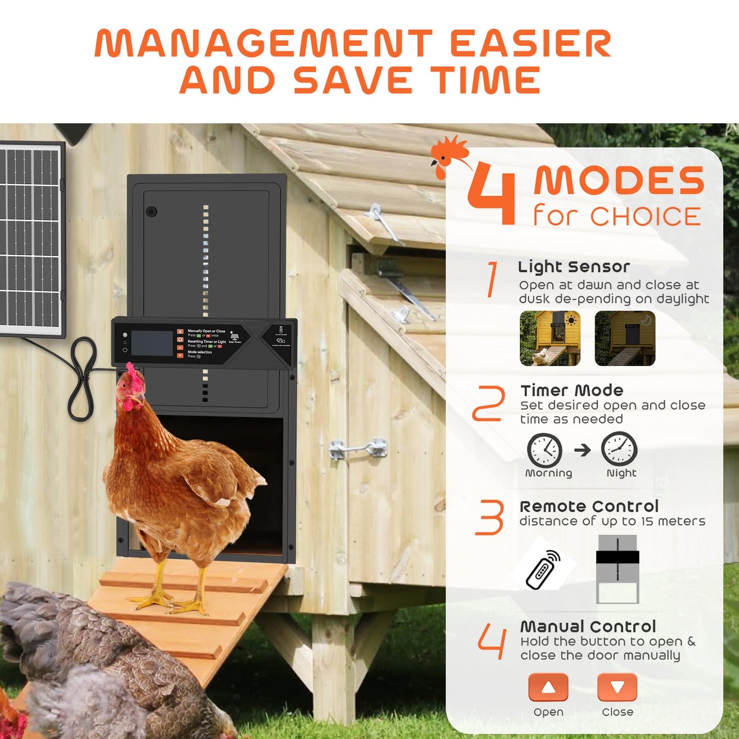 Large Automatic Chicken Coop Door, 4000mAh High Capacity Chicken Coop Door 7W Solar Powered with Timer & Light Sensor, Anti-Pinch Auto-Aluminum Chicken Door with Wire Clip & Remote Control-Black
