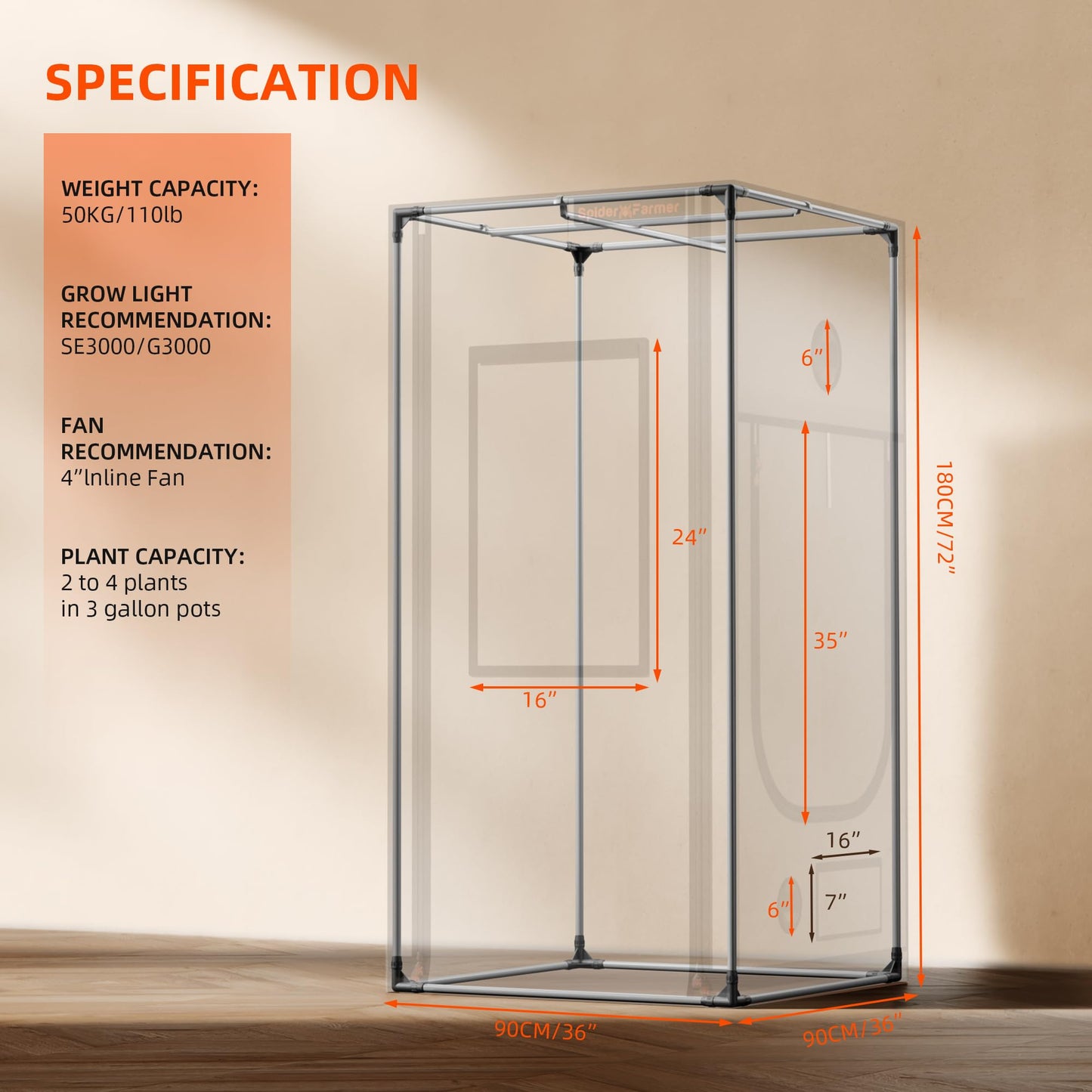 Spider Farmer Pro Series 3x3 Grow Tent, 36"x36"x72" with Roll-up Door, Observation Window Floor Tray, 2000D Thicken Mylar Canvas, 3x3x6 for Hydroponic Indoor Growing for SF4000, SE3000, G3000