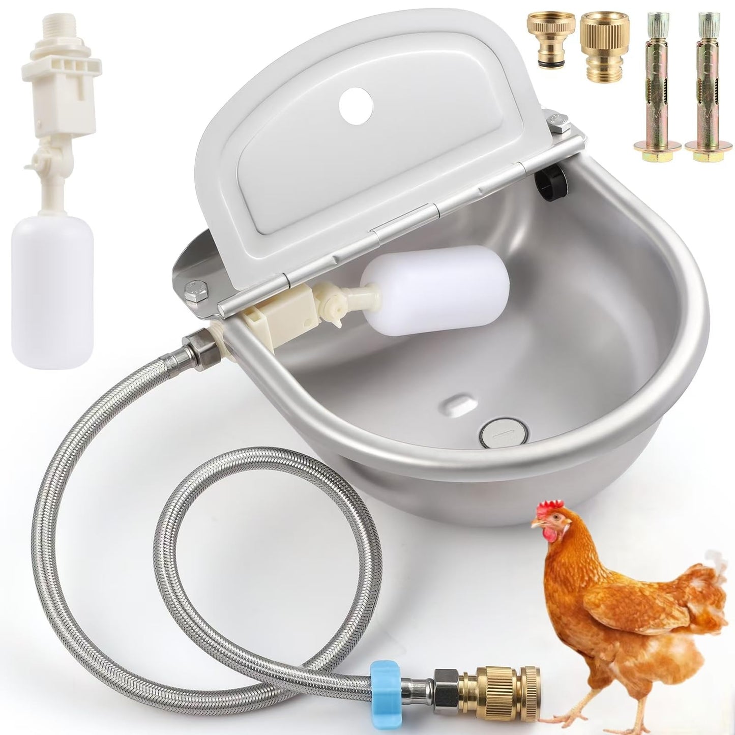 Automatic Water Dispenser for Chicken, 304 Stainless Steel Outdoor Auto Fill Waterer Bowl Self Refilling Watering System with 2 Float Valves and Drainage Hole for Chicken,Duck,Poultry