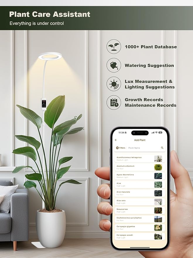 GLOWRIUM Smart Grow Lights for Indoor Plants, 24W Full Spectrum Plant Lights, Bluetooth App & Manual Control, Adjustable Height 47-70.9", Auto Timer, Indoor Plant Lamp for Tall Indoor Plants