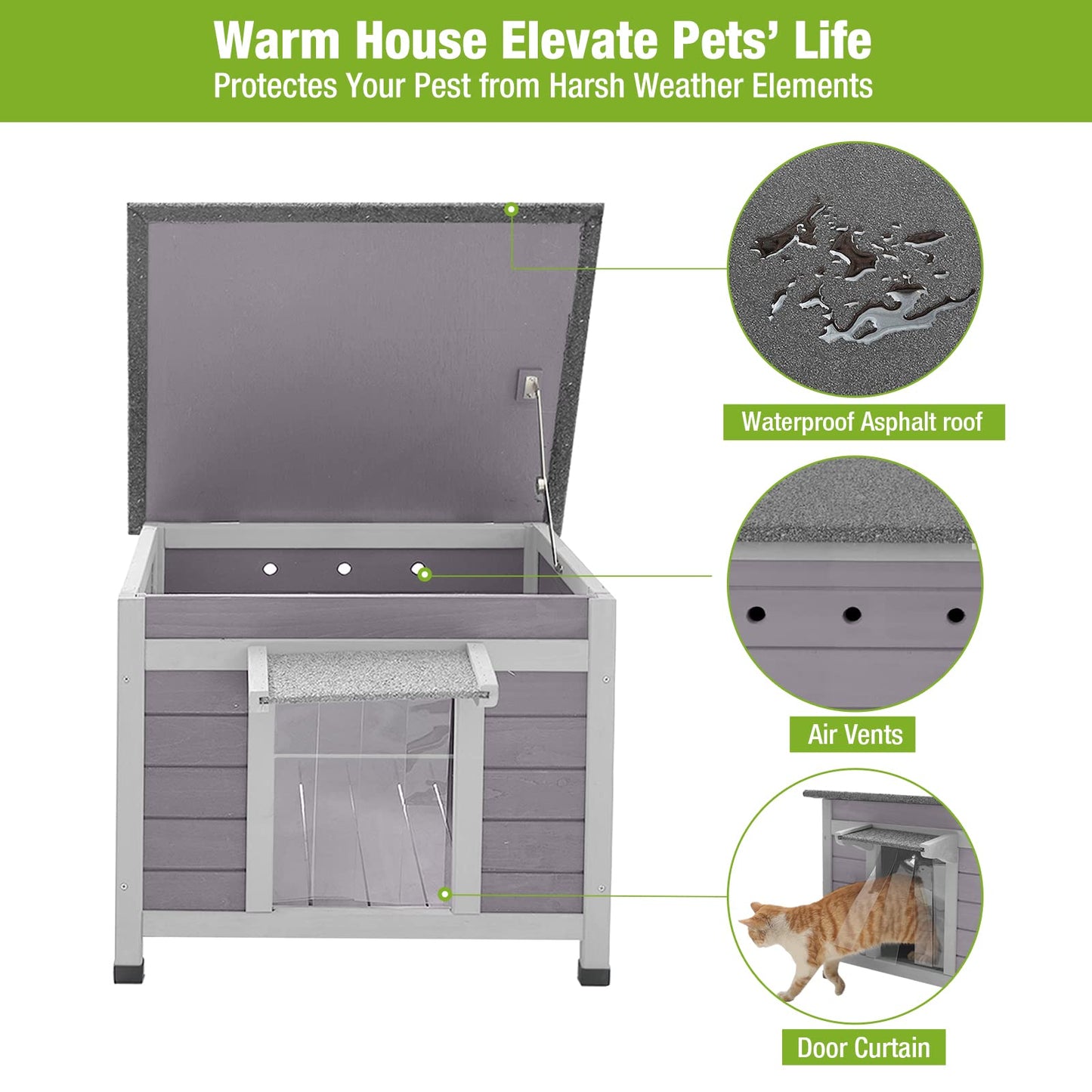 Outdoor Feral Cat House Weatherproof, Small Wooden Rabbit Hutch Bunny Cage Indoor-PVC Door Flaps