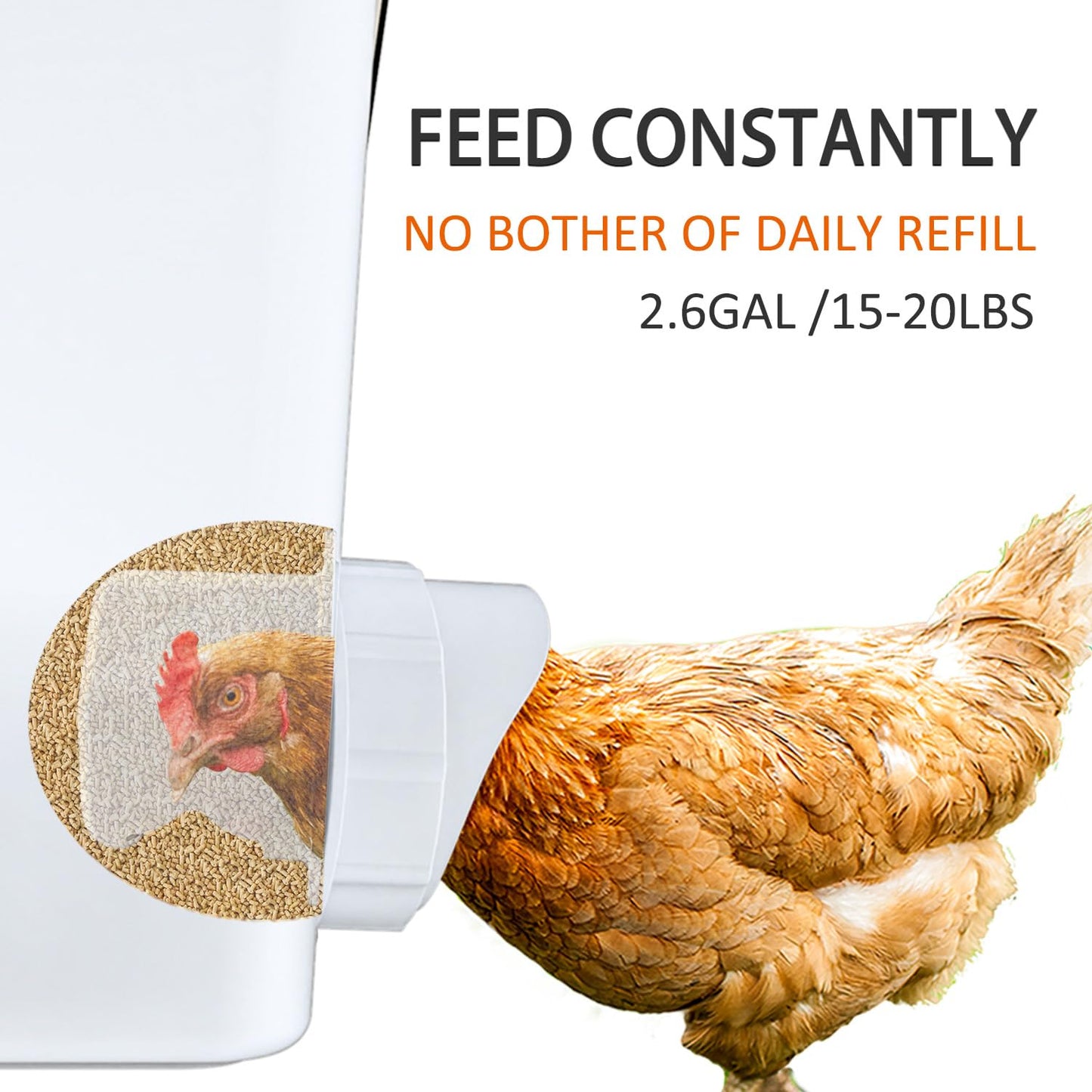 Automatic Chicken Feeder 20lb Chicken Feed Container Bucket with 3 Rainproof Feeder Ports Hanging Poultry Feeder for Chick Duck Hen Chicken Coop Accessories Kit