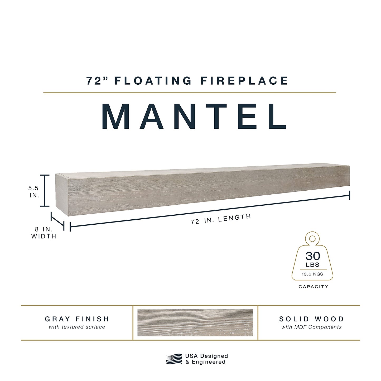 MCS 72-Inch Mantel, Master & Co Warm Gray Finsh Solid Wood Floating Fireplace Mantel, Long Floating Shelf for Livingroom with Wood Cleat Hanging System, Photo and Home Decor Display Shelf