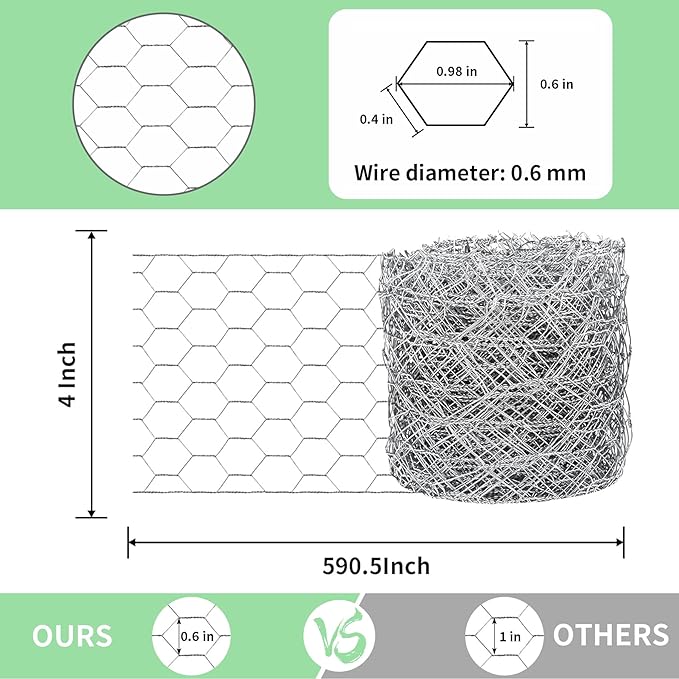 Chicken Wire 4 in x 590.5 in Poultry Wire Netting Hexagonal Galvanized Mesh Garden Fence Barrier for Pet Rabbit Chicken Fencing with 100 Pcs Cable Zip Ties