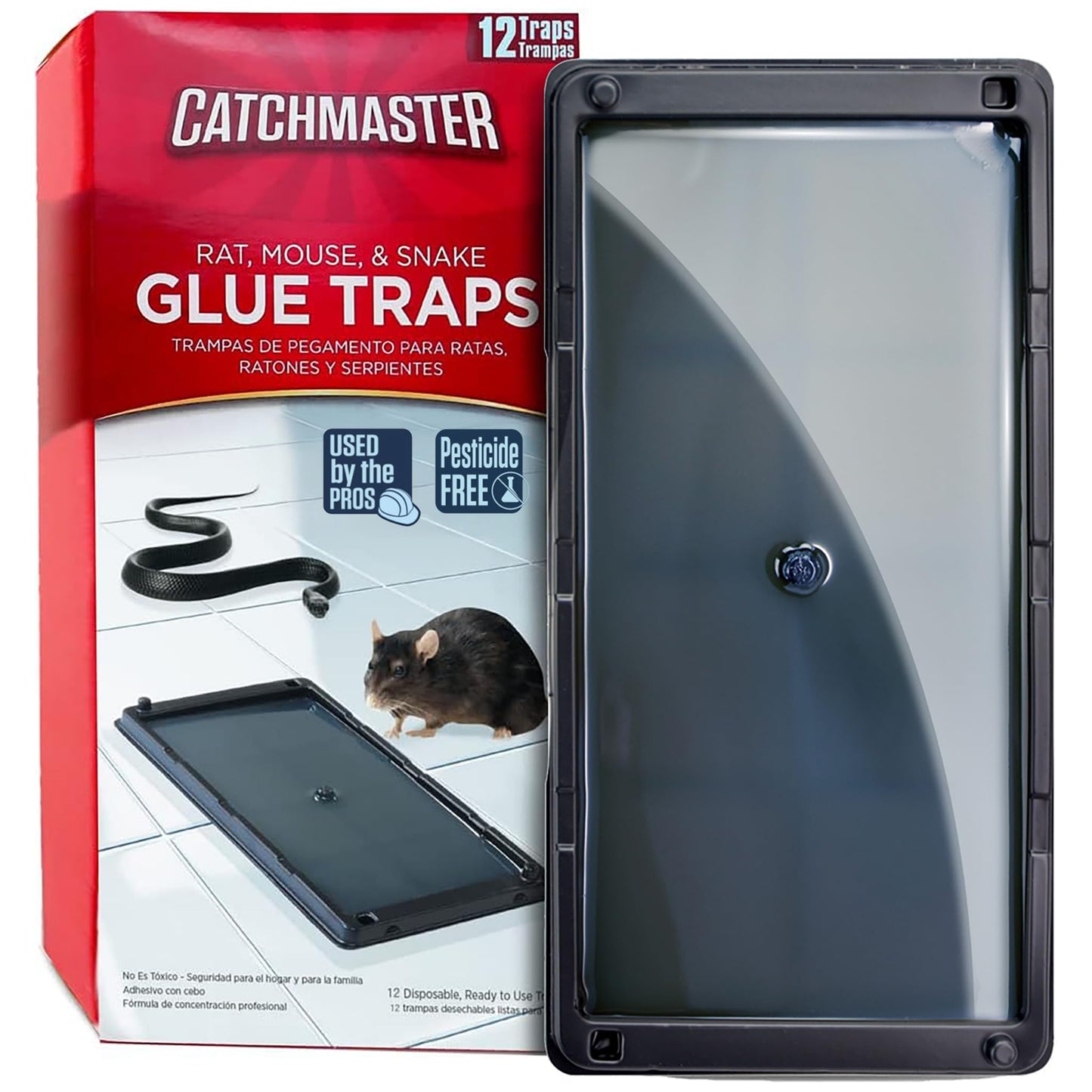 Catchmaster Rat, Snake and Mouse Traps 12Pk, Large Bulk Glue Rat Traps for Home, Adhesive Plastic Tray for Inside House, Snake, Mice, & Spider Catcher, Pest Control for House & Garage