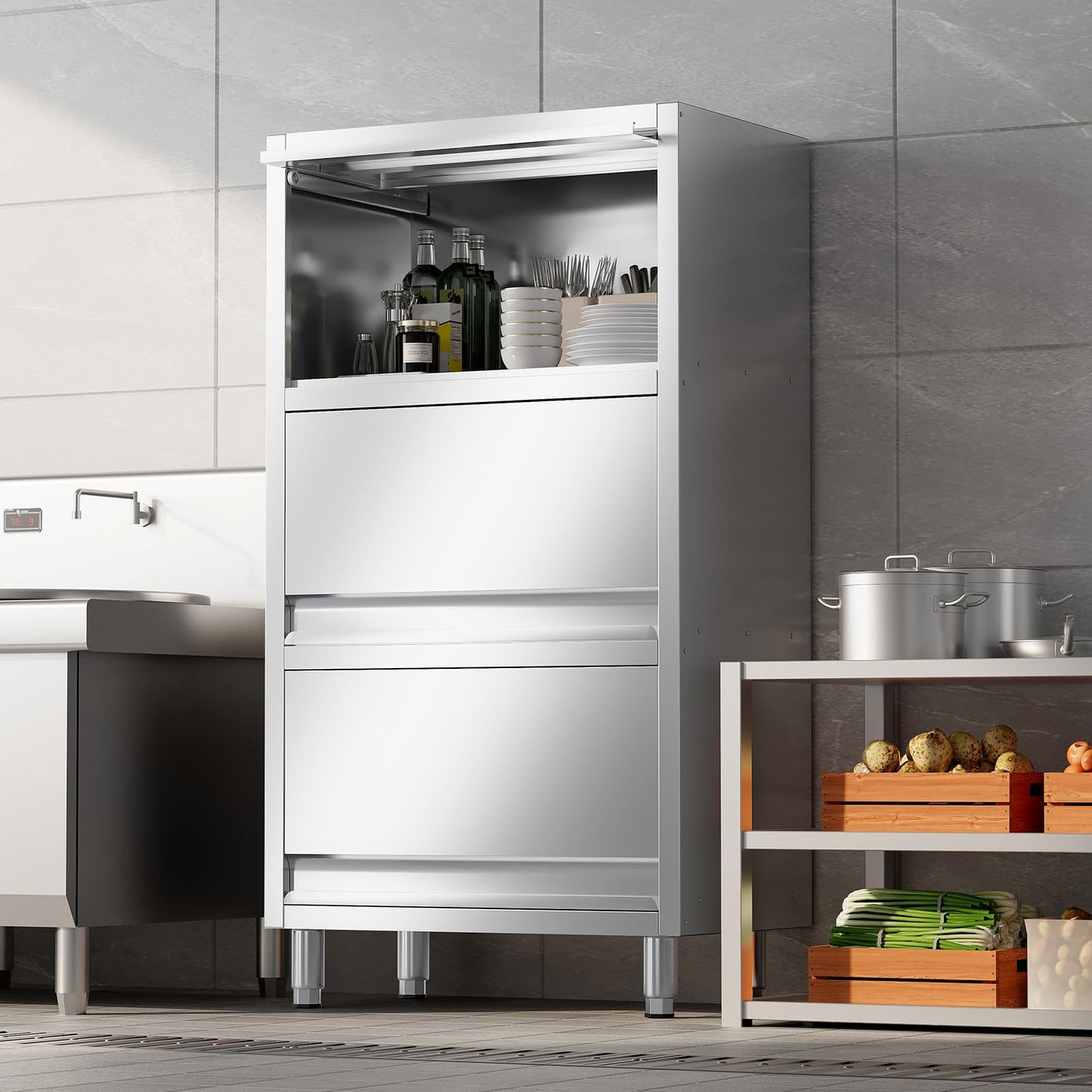 EHONXI 3-Tier Stainless Steel Storage Cabinet, Freestanding Commercial Kitchen Cabinet with Flip-up Doors, Heavy Duty Garage Storage Rack for Warehouse Shop, 19.69" D x 31.5" W x 59.06" H