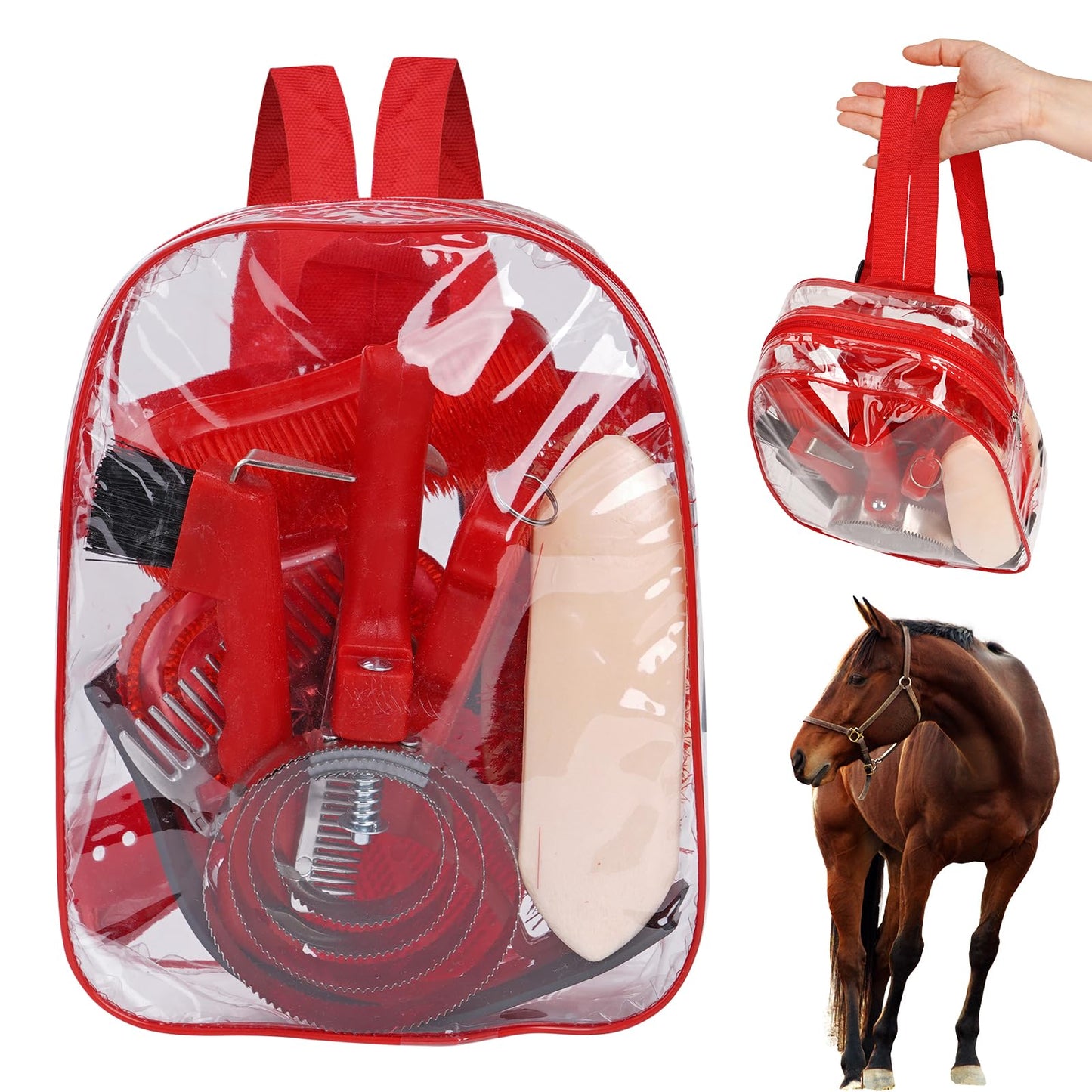 KHEARPSL Horse Grooming Kit, Horse Brushes for Grooming 10pcs Horse Cleaning Tool Set with Tote Bag, Sweat Scraper, Curry Comb, Brush, Hoof Pick, Livestock Bathing Supplies Equine Care Supplies