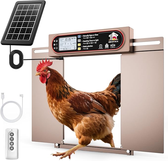 Automatic Chicken Coop Door with Horizontal Dual Opening, Remote & Manual Control, USB Backup, Predator-Proof Larger Opening Size House Door Solar Powered for Chicken, Duck and Poultry, Gold