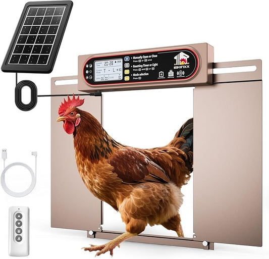 Automatic Chicken Coop Door with Horizontal Dual Opening, Remote & Manual Control, USB Backup, Predator-Proof Larger Opening Size House Door Solar Powered for Chicken, Duck and Poultry, Gold