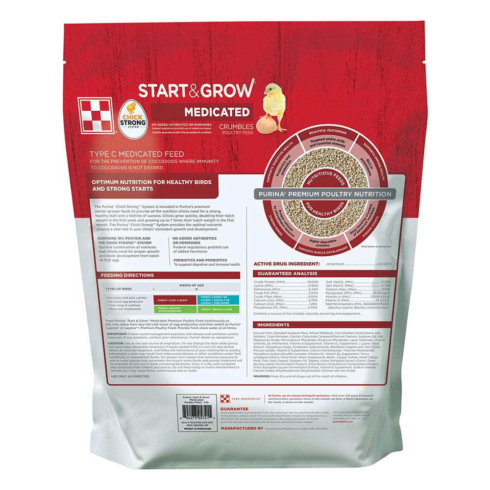 Purina Start & Grow | Nutritionally Complete Medicated Chick Feed Crumbles | 5 Pound (5 lb.) Bag