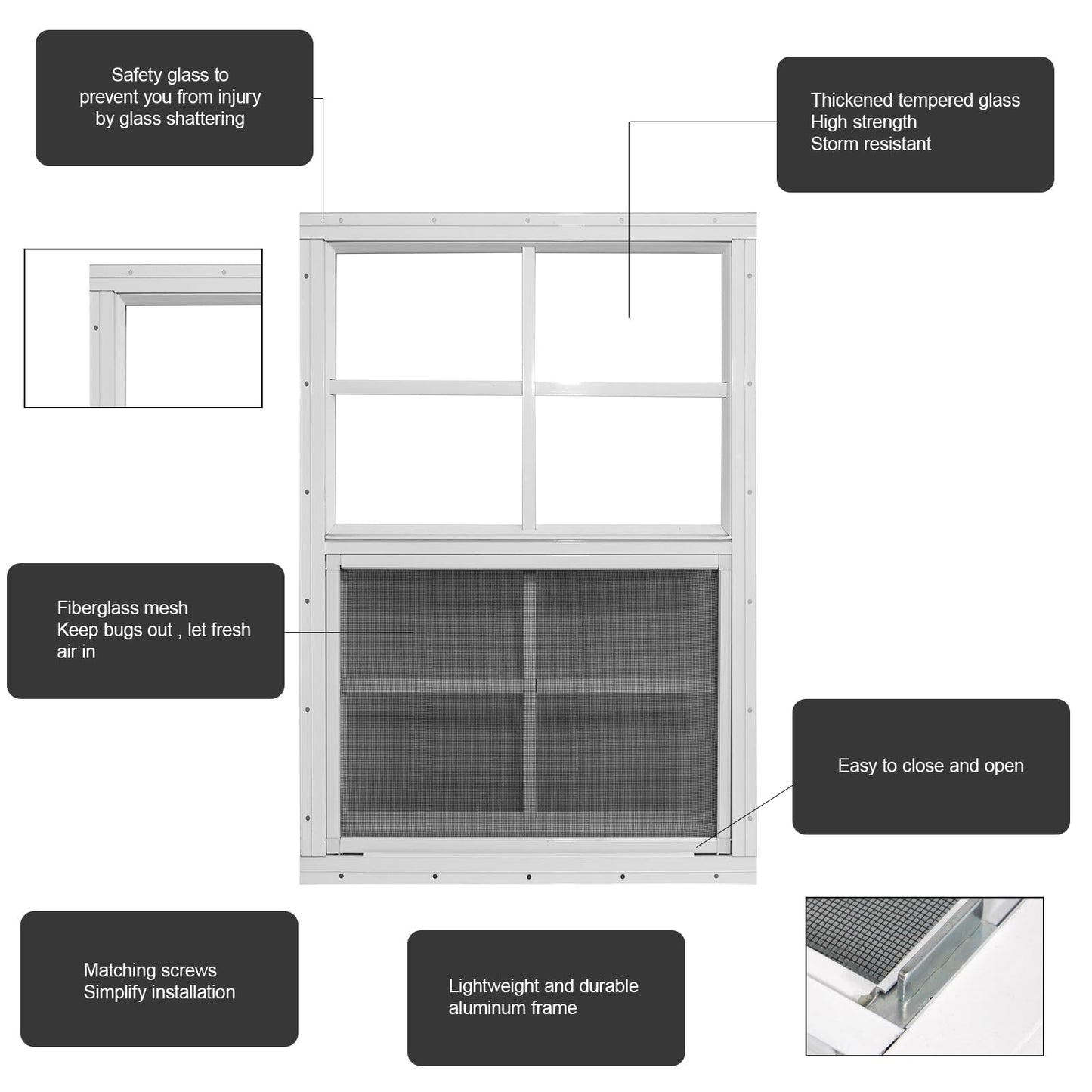 Yuzzy 24" x 36" Shed Windows with Tempered Glass and Fiberglass Screen, 2 Pack Small Sliding Windows for Shed, Chicken Coop, Playhouse, Household, Garage, Barns (White)