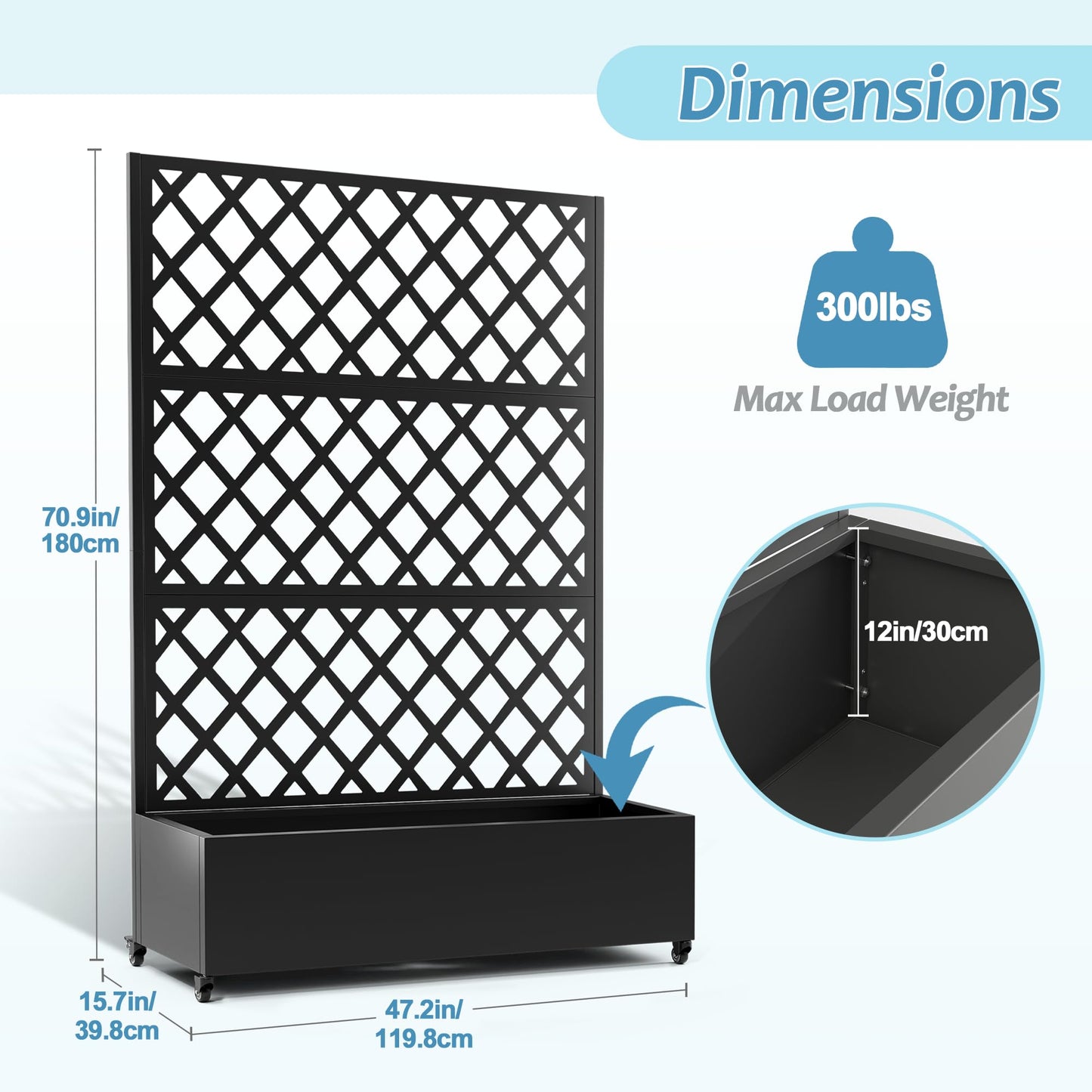 TUYOHW Metal Planter Box with Trellis & Wheels, Raised Garden Bed with Privacy Screen, Outdoor Standing Flower Beds with Drainage Hole for Climbing Plants, Vine, 47.2''L×15.7''W×70.9''H, Black