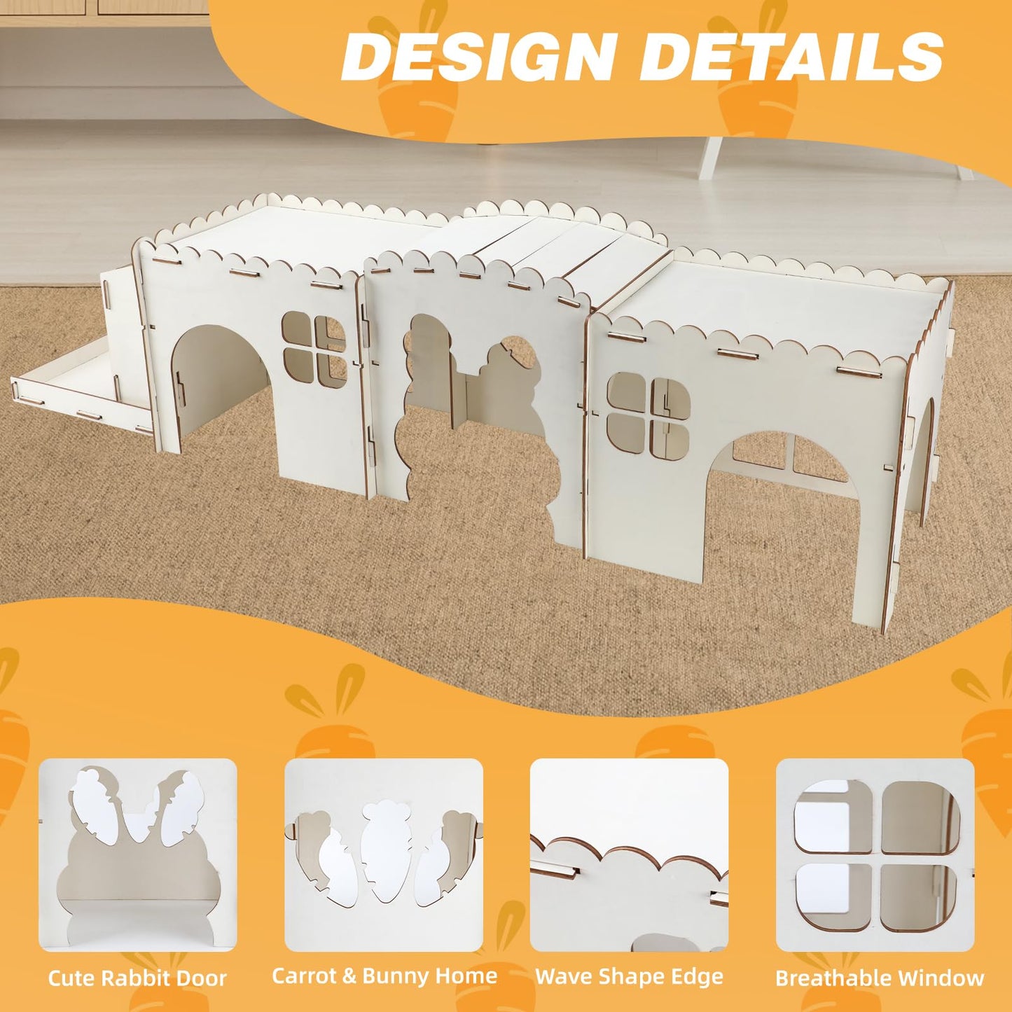 GINDOOR Extra Large Rabbit Hideout Castle with Hay Feeder, Wood Bunny House and Rabbits Hideaway, Indoor Bunny Castle Sturdy Small Animal Play Hideaway Hut for Bunnies, Guinea Pigs, Chinchillas