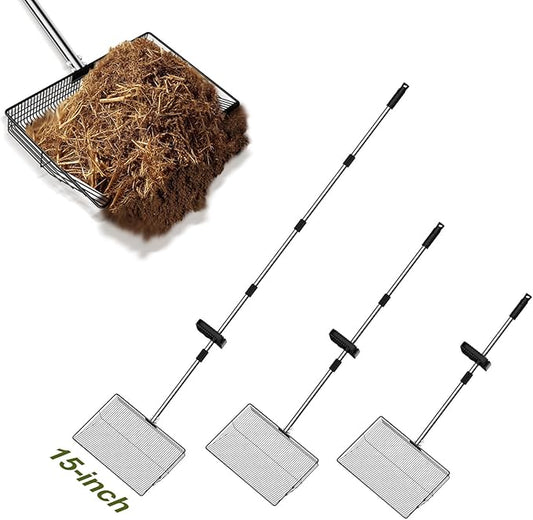 Chicken Coop Scoop, Chicken Scooper for Poop and Poop Rake, 15" Extra Large Poop Shovel with 24-68" Stainless Handle, Heavy Duty Chicken Coop Cleaning Tools for Sifting Litter in Coops