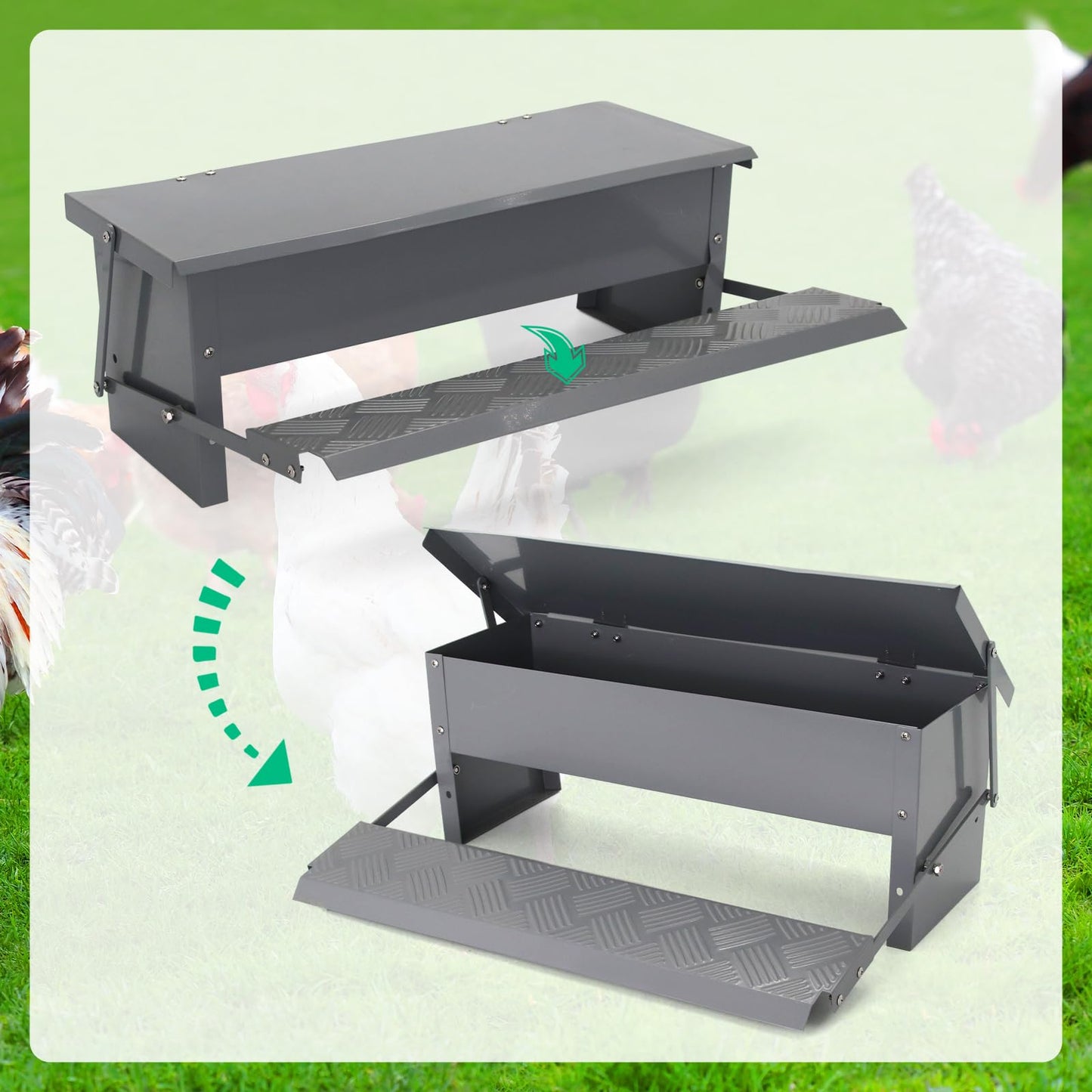 Lucky Farm Automatic Chicken Feeder Metal Treadle Trough 15lb Outdoor Rainproof for Chickens, Bantams, Poultry, Pheasants