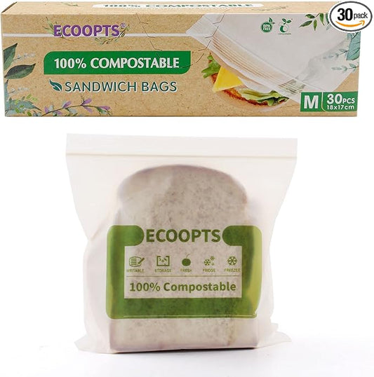 100% Compostable Sandwich Zip Bag | ECO-Friendly Food Storage Bags | Freezer Bag | Plant-Based BPA-free | Seal well for Fruit,Food and Snack (1, Medium)