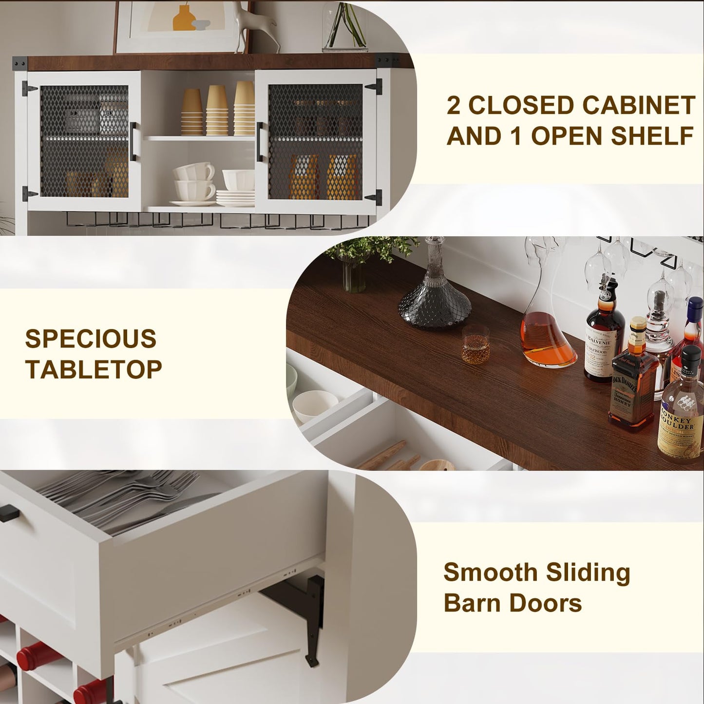 Farmhouse Bar Cabinet with Sliding Barn Door, Tall Kitchen Buffet Hutch Cabinet with Wine & Glasses Rack, Rustic Coffee Bar Sideboard for Living Room, Dining Room, White