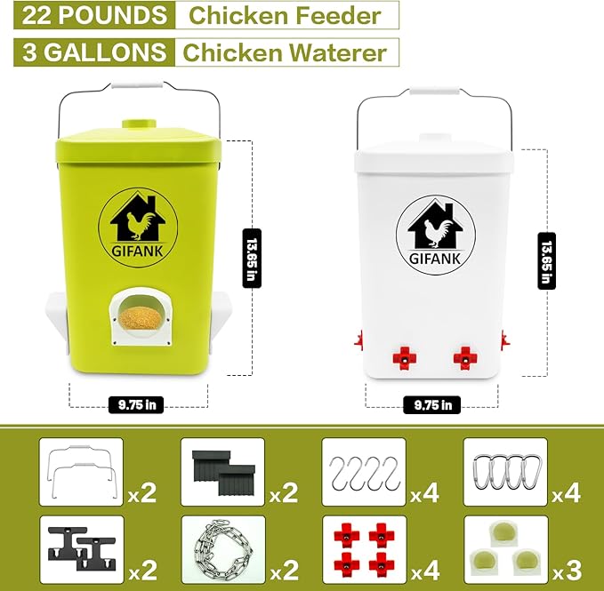 Chicken Feeder and Waterer Set,3 Gallon Automatic Chicken Feeder No Waste,Hanging Poultry Waterer Feeder Kit with Chicken Waterer Nipples and Feeding Ports,Chicken Coop Accessories