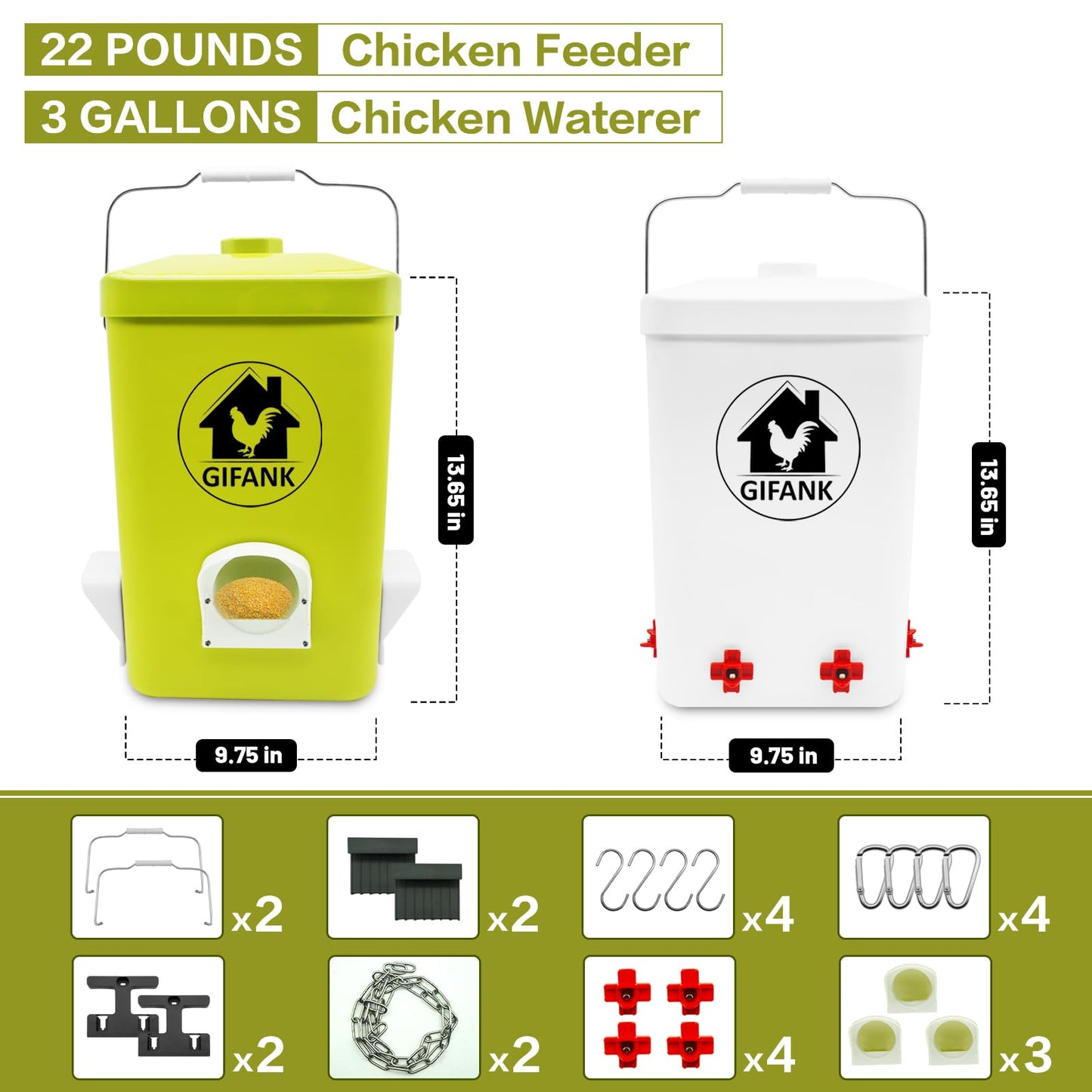 GIFANK Chicken Feeder and Waterer Set,3 Gallon Automatic Chicken Feeder No Waste,Hanging Poultry Waterer Feeder Kit with Chicken Waterer Nipples and Feeding Ports,Chicken Coop Accessories