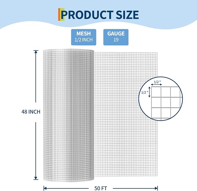 Hardware Cloth 1/2 Inch - 48in x 50ft Heavy Duty Galvanized Chicken Wire Mesh Roll, Hot-Dipped After Welding for Chicken Coop, Rabbit Cages & Garden Fencing – Poultry Netting & Chicken Wire Fencing