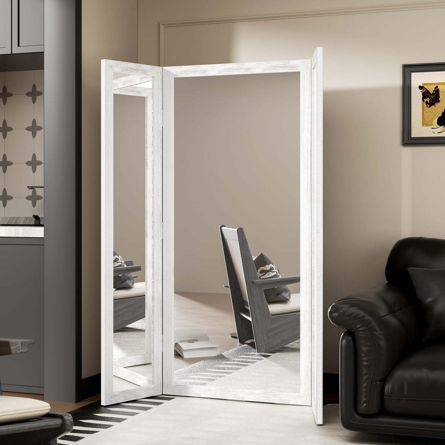 3 Way Full Length Trifold Mirror with Tempered Glass, 3 Panel Oversized Extra Large Free Standing Mirror with Rustic Wood Frame, for Wedding Dress/Clothing Shop/Bedroom/Closet, 71"x67", RusticWhite