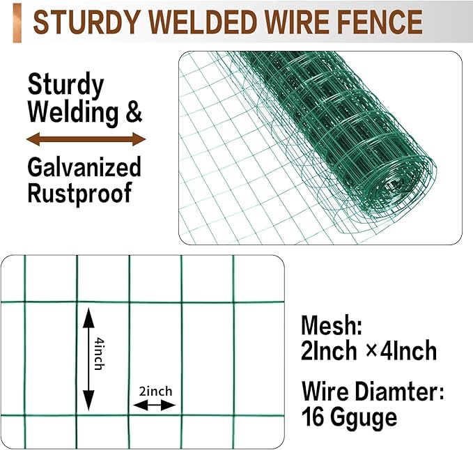 Tongmo 4 ft x 100 ft Green PVC Coated Welded Wire Fence, 16GA Garden Chicken Wire Fence Roll, Mesh Size 2" x 4" Hardware Cloth, Ideal for Yard Protection and Poultry Netting
