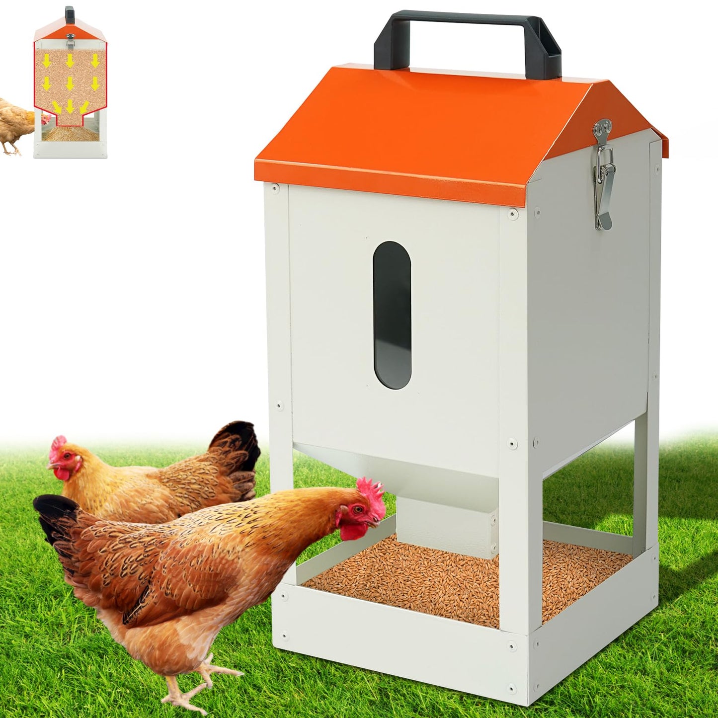 Galvanized Wall Mount Chicken Feeder No Waste Hanging Chicken Feeder with Lid Metal Automatic Poultry Feeder Trough Food Dispenser No Spill Mess Free for Chicken Duck Quail Geese Turkey