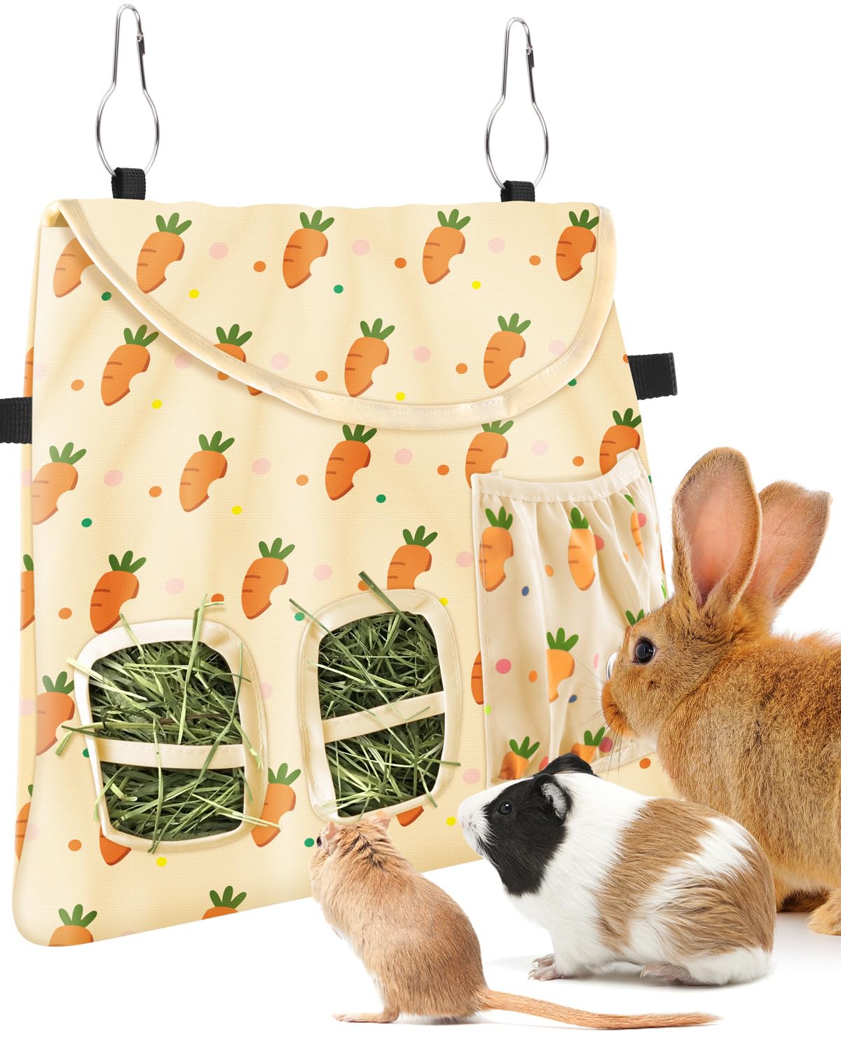 Bissap Rabbit Hay Feeder Bag, 2 Holes Hanging Hay Feeder Guinea Pig Hay Bag with Side Pocket for Rabbits Bunny Chinchillas Hamsters Rats and Other Small Pets Small Animal - Beige