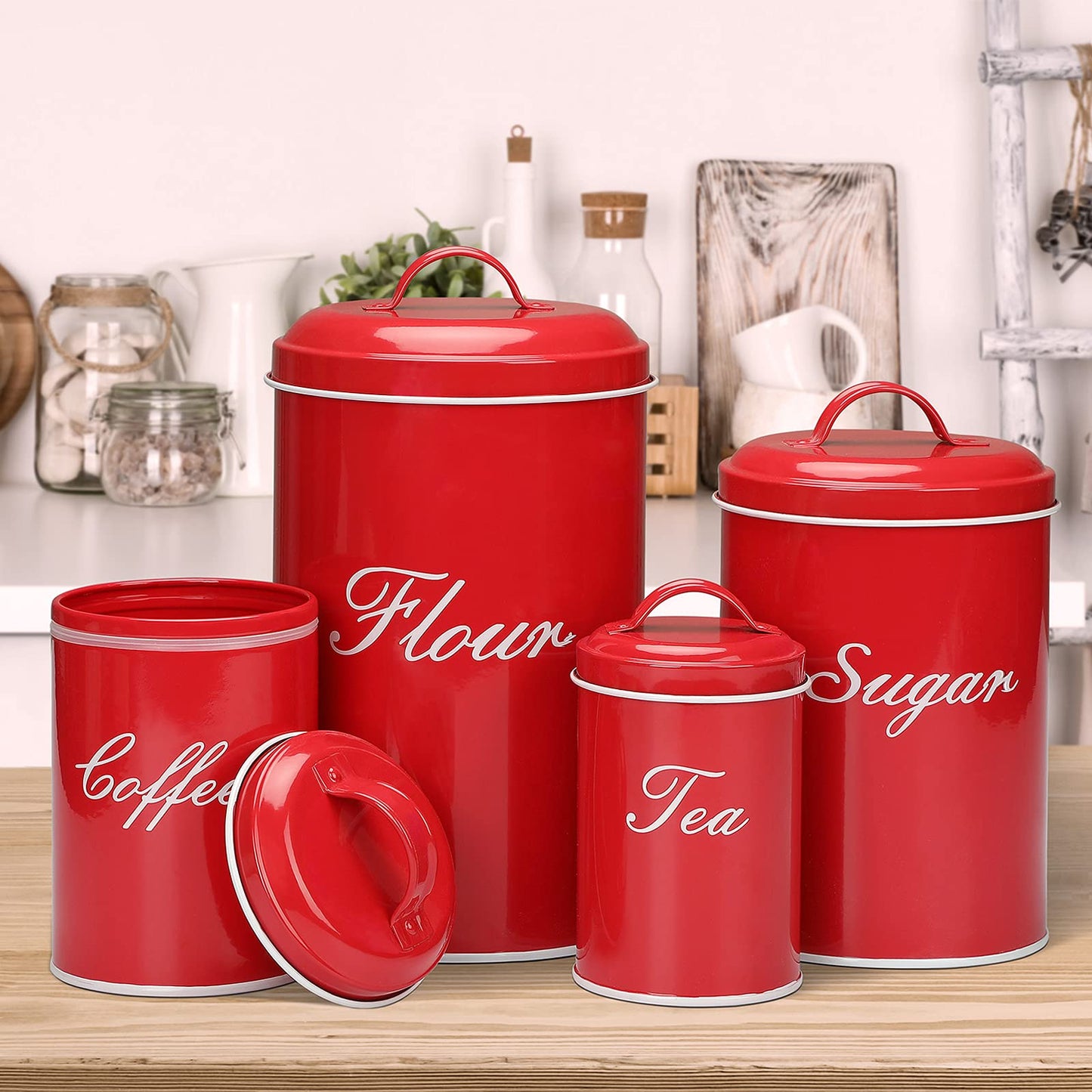 Deppon Canister Sets for Kitchen Counter, Flour and Coffee Containers, Vintage Farmhouse Design Food Storage Container with A Removable Lid, 4 Pack (Red)