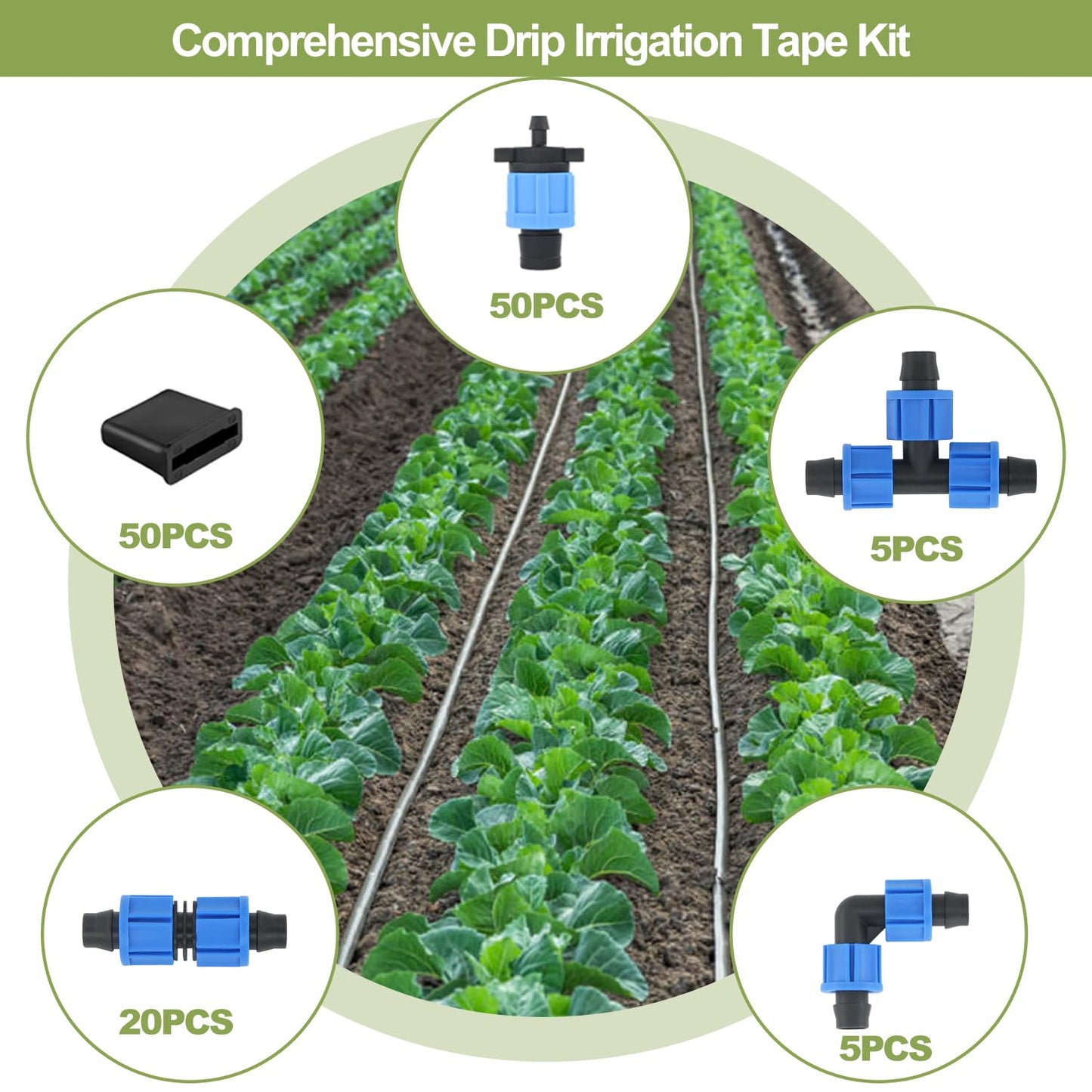 1640 ft 5/8" Drip Irrigation Tape Kit 15 mil Emitter Spacing 6" Flat Drip Tape with 130 PCS Drip Tape Connectors Automatic Irrigation Equipment for Garden Irrigation Emitter Flow:0.79 GPH