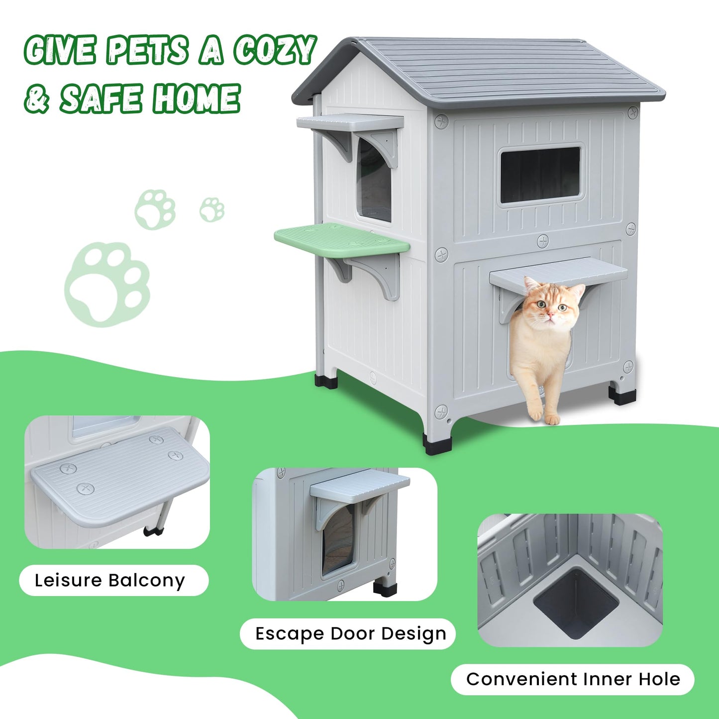 Insulated Outdoor Cat Houses - Waterproof 2 Story Cat House for Outside with Escape Door for Winter，Elevated Outdoor Cat House for Feral Stray Barn Cat Kitty