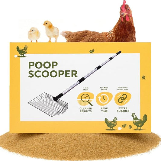 Chicken Poop Scooper for Sand, ¼" Slotted Fine Sifter & Durable Chicken Coop Scoop, Sifting Shovel, Coop Pooper Scooper, Metal Sand Sifter Shovel for Poultry Litter, 2-in-1 Poop Scoop and Rake Tool