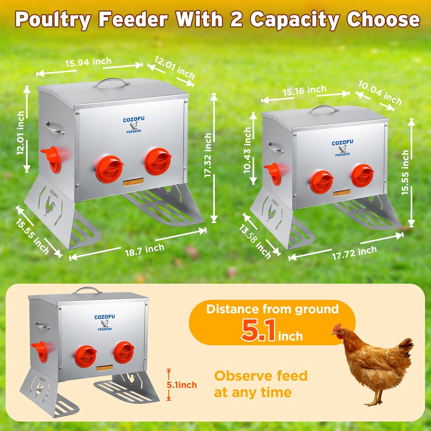 COZOFU 25 Pounds Automatic Chicken Feeder 6 Ports Large Gravity Fed Chicken Feeder with Transparent Window & Handle for Chickens Bantams Pheasants Poultry Coop Weatherproof