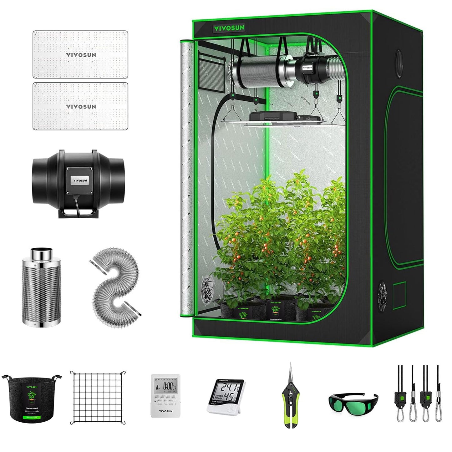 VIVOSUN GIY 4x4 ft. Grow Tent Complete System, Grow Tent Kit Complete with 6 Inch Inline Fan Package, 2 x 200W LED Grow Light, Temperature Humidity Monitor, Netting, Grow Bags, Pruning Shear and Timer
