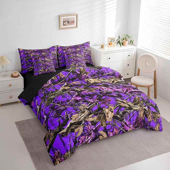 Feelyou Tree Branches 7 Pieces Bedding Set, for Kids Wild Hunting Bed Set Full Size Botanical Tree Bed in a Bag with Comforter, Sheets, Pillowcases Bedroom Decor Nature Theme Purple Brown