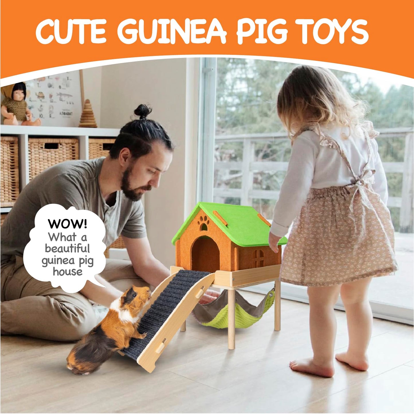 BESNEW 3 in 1 Enlarged Guinea Pig Hammock with House & Platform,Wooden Guinea Pig Hideout with Hammock & Stairs Small Animal Toys for Hiding Sleeping Activities