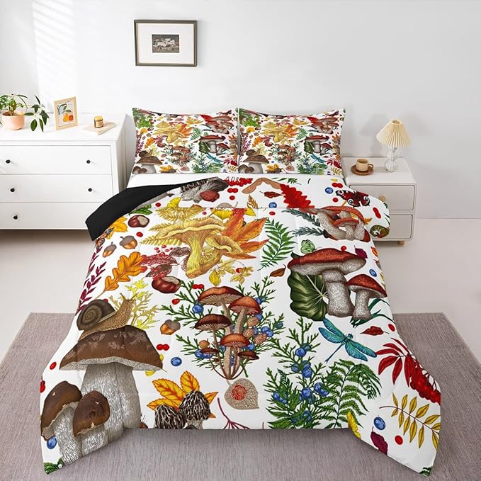 Castle Fairy Mushroom Boys Girls Comforter Set,Rustic Wild Plants Duvet Set for Room Decor,Nature Burgundy Plant Snail Brushed Microfiber Soft Quilt Cover,Full