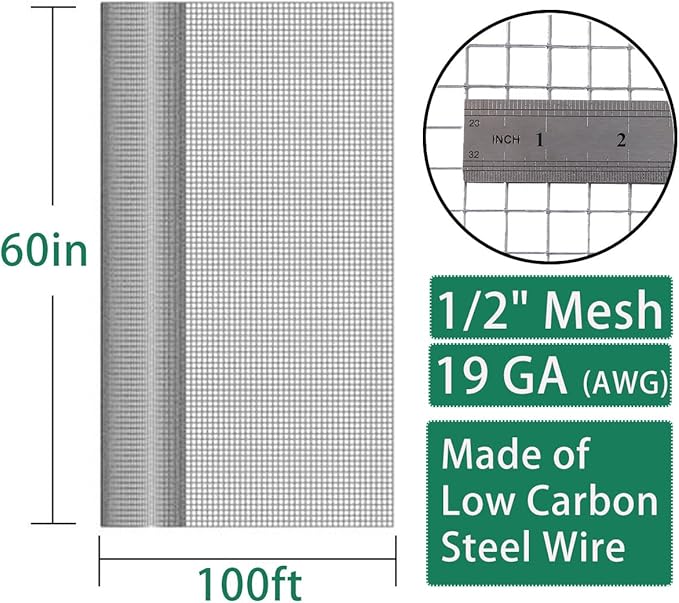 SEBOSS Hareware Cloth 1/2 inch 60 x 100 Ft 19-Gauge, Hot-dip Galvanized After Welding, Chicken Wire Fencing, Gopher Wire, Wire Mesh Roll, Wire Cloth, and Long-Lasting Wire Fencing Use