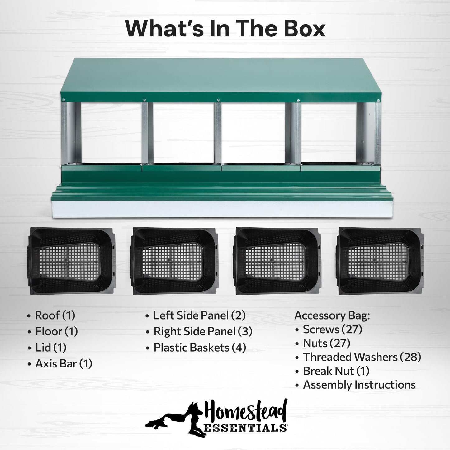 Homestead Essentials Deluxe Metal 4 Compartment, Forward Rollout & Rollaway, Hen & Chicken Nesting Box with Universal Easy Access Protective Egg Laying Collection Lid