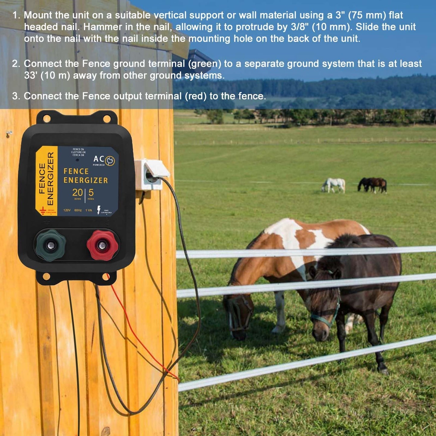 Electric Fence Energizer for Preventing Wild Animals Intruding，PE5 Electric Fence Charger，5-Mile/20 Acres Output Voltage 5000 V 0.2 Joule