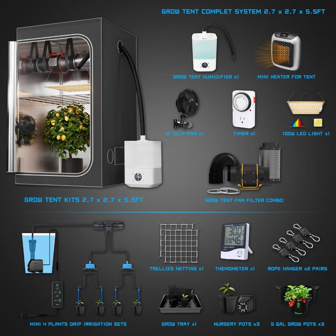 Upgrade 32X32 Integrated Grow Tent Complete Kits System S1000 LED Grow Light Grow Tent Kit 4" Fan Filter and Humidifier (Fan Filter+LED Light+Grow Tents+Irrigation Kit+Clip Fan+Heater+Humidifier)