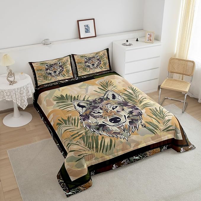 Erosebridal Fox Comforter Set Full Size Woodland Camo Down Comforter Army Green Camouflage Wild Animal Bedding Set for Boys Teen Men,Wildlife Nature Tree Branch Quilt Duvet with 2 Pillow Cases